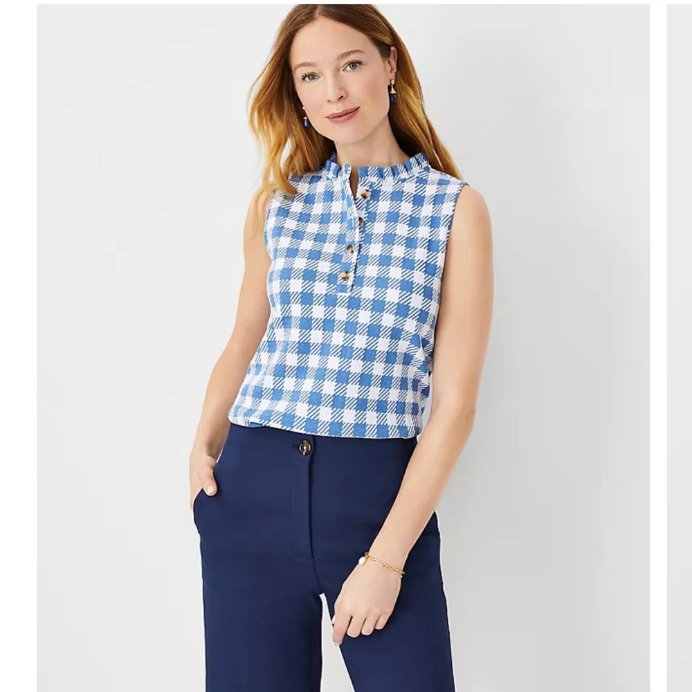 Ann Taylor Blue Plaid Ruffle Neck Button Sleeveless blouse